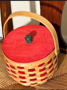 Round Woven Basket with Red Lid and Natural Handle
